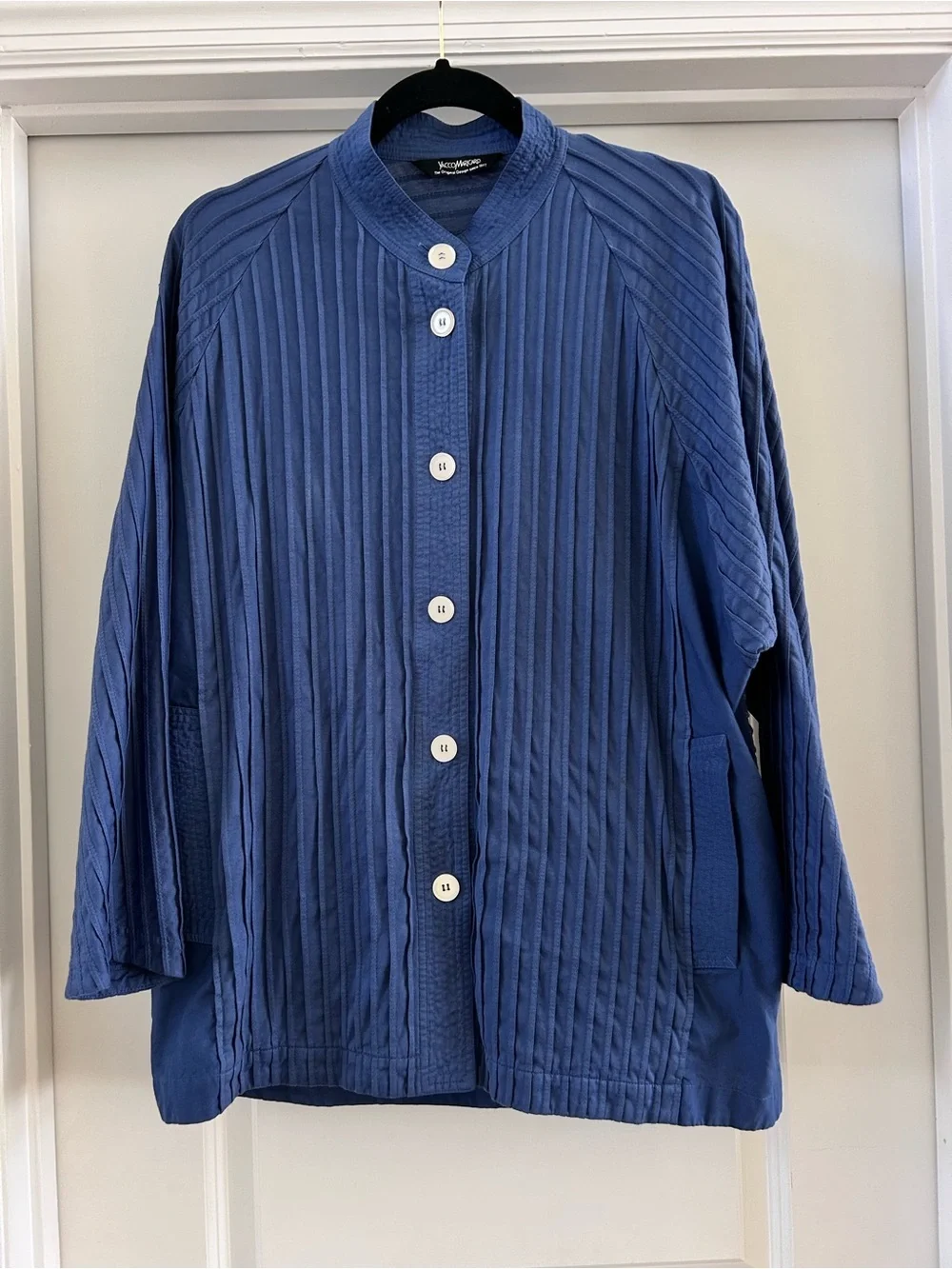 Yacco Maricard Pleated Jacket Blue Cotton Pintuck Lagenlook Button Front